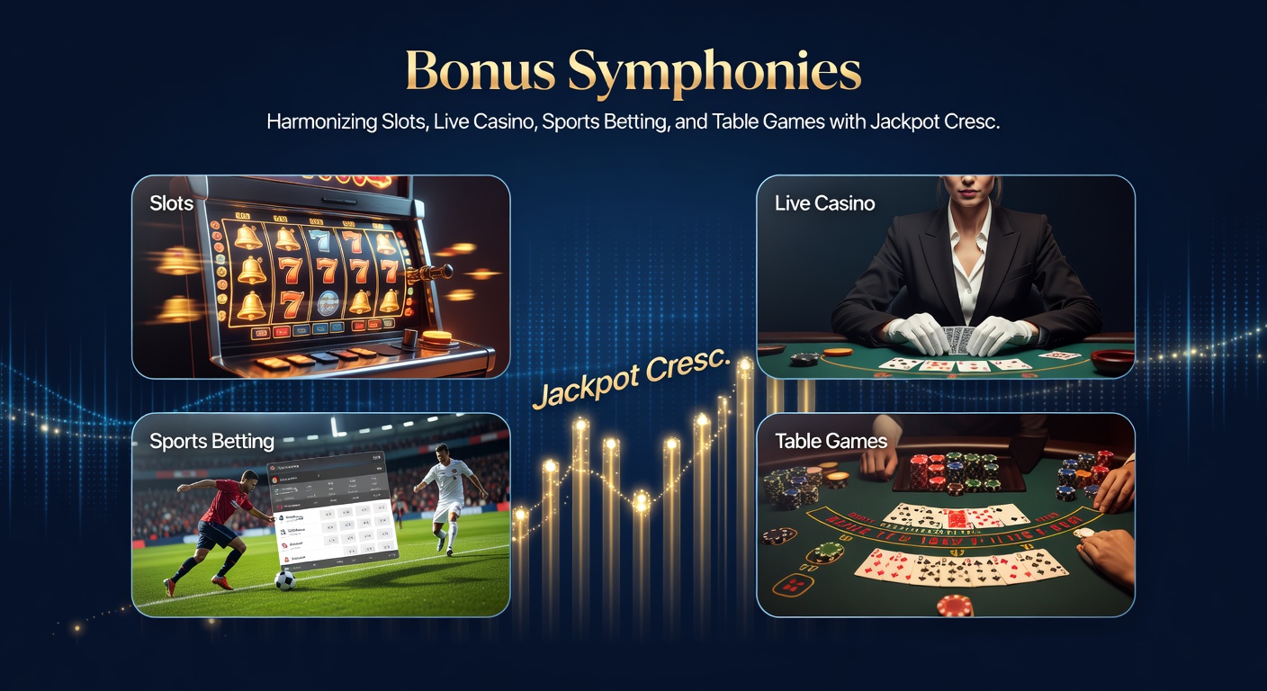 Dynamic display of interconnected casino games on screens, showing bonus meters rising toward a central jackpot explosion