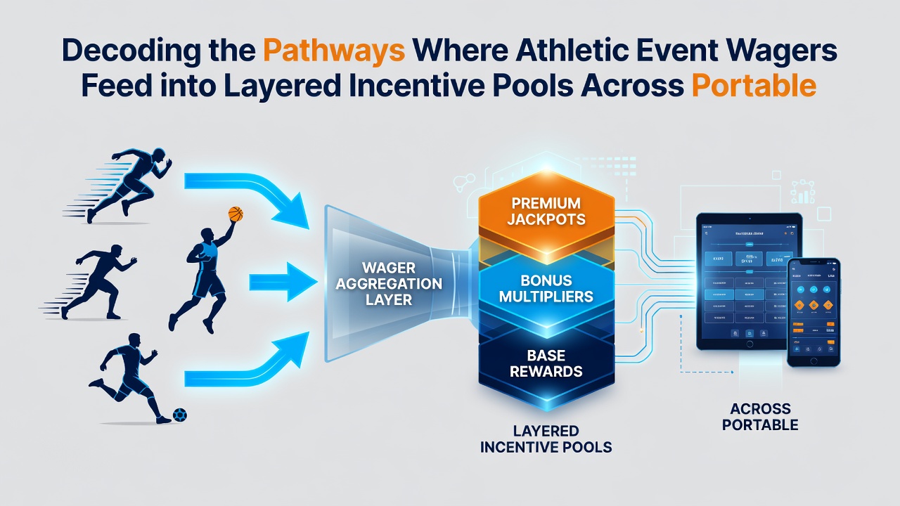 Illustration of layered incentive pools connecting sports bets to mobile poker tables and accumulating jackpots