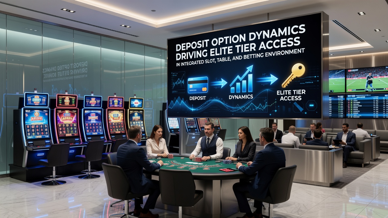 Illustration of tier progression paths linking deposits to rewards in combined slot, table, and betting settings