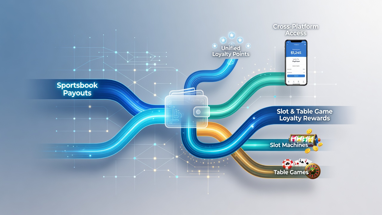 Loyalty dashboard displaying merged rewards from sportsbook, slots, and table games via digital wallet