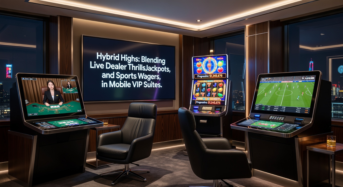 Dynamic interface of a mobile VIP suite displaying live dealer blackjack, spinning slot reels with progressive jackpots, and live sports betting odds side by side