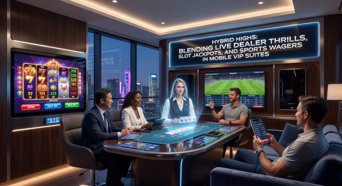 VIP player on smartphone viewing split-screen: live dealer poker hand, glowing progressive slot jackpot counter, and live tennis match odds
