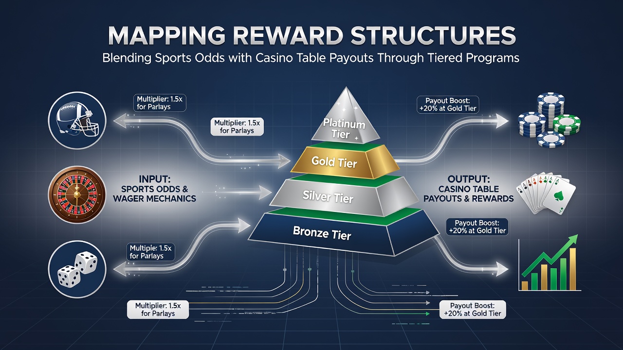 Infographic illustrating point flow from sports betting odds into tiered casino table payout enhancements