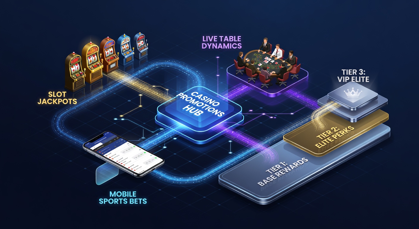 Diagram illustrating casino VIP tier structures connecting slot jackpots, live tables, and mobile sports bets through promotional pathways