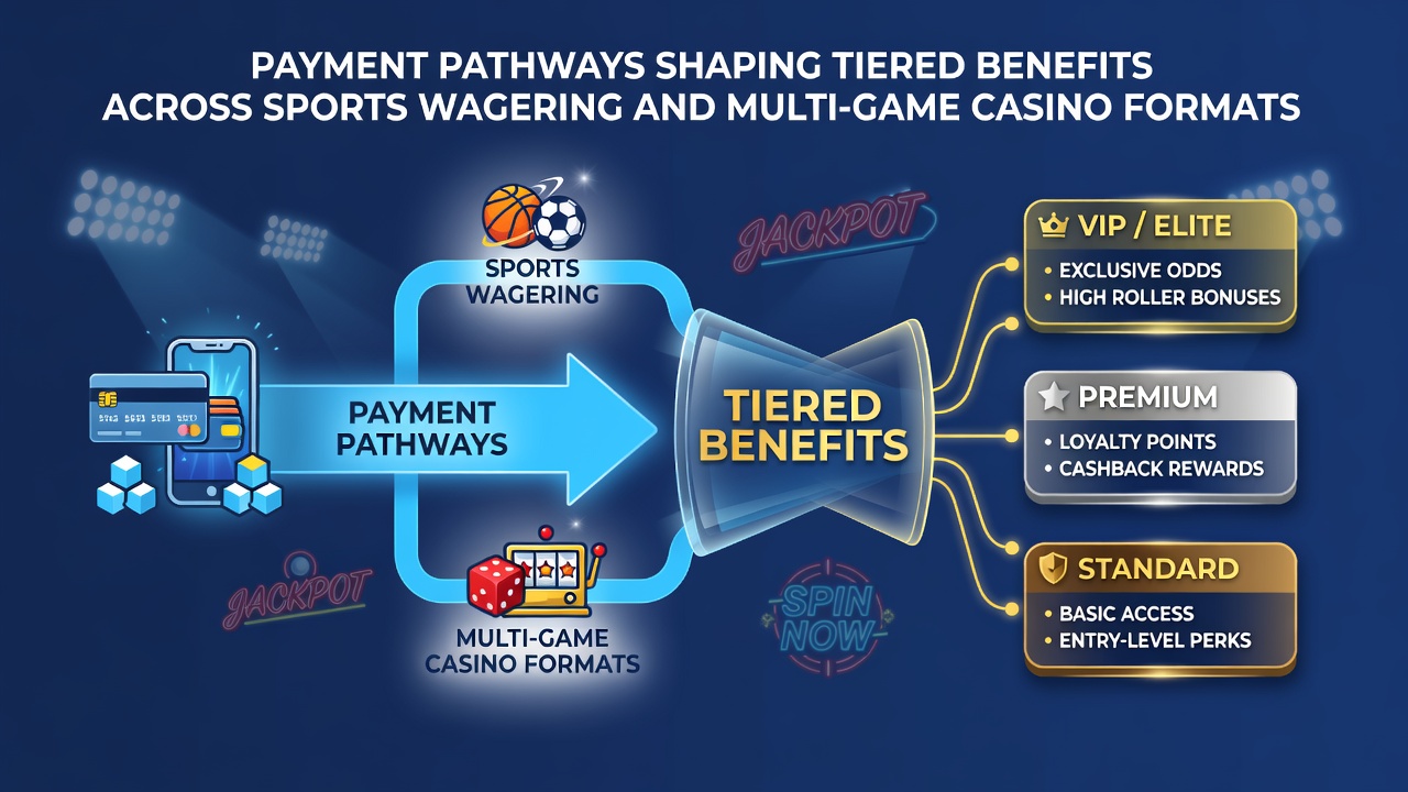 Multi-game casino interface highlighting payment integration and tiered rewards