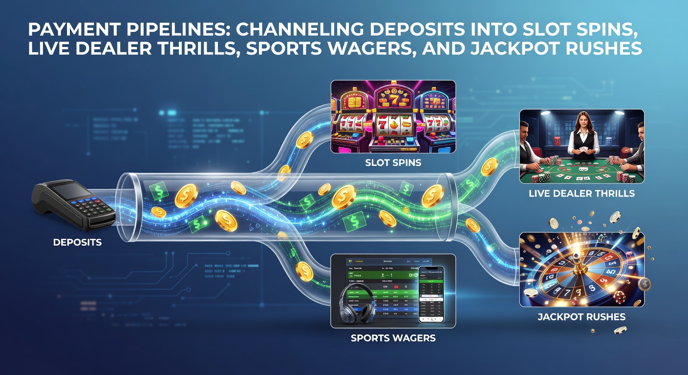 Digital payment streams flowing into vibrant online casino games including slots, live dealer tables, sports betting interfaces, and glowing jackpot meters