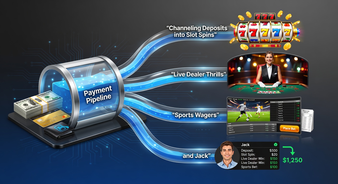 Close-up of a sophisticated payment gateway interface connecting user wallets to dynamic casino elements like spinning slot reels, live dealer cams, sportsbook odds boards, and escalating jackpot counters