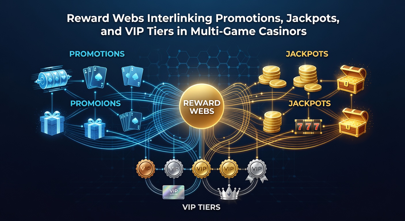 Visual representation of interconnected casino reward elements including promotions, jackpot meters, and VIP ladders glowing in a digital web