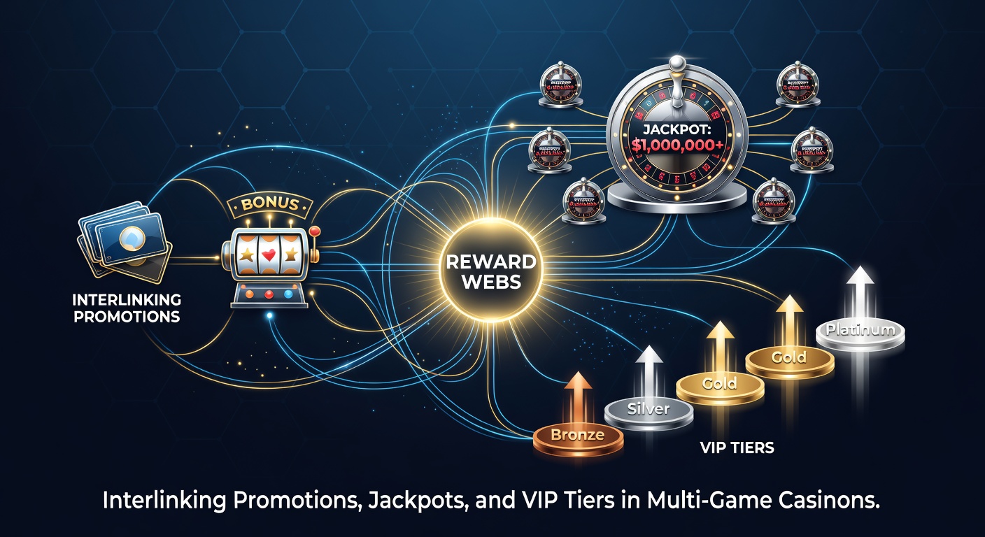 Diagram illustrating reward web connections between promotional banners, rising jackpot counters, and ascending VIP tier pyramids in a vibrant casino interface