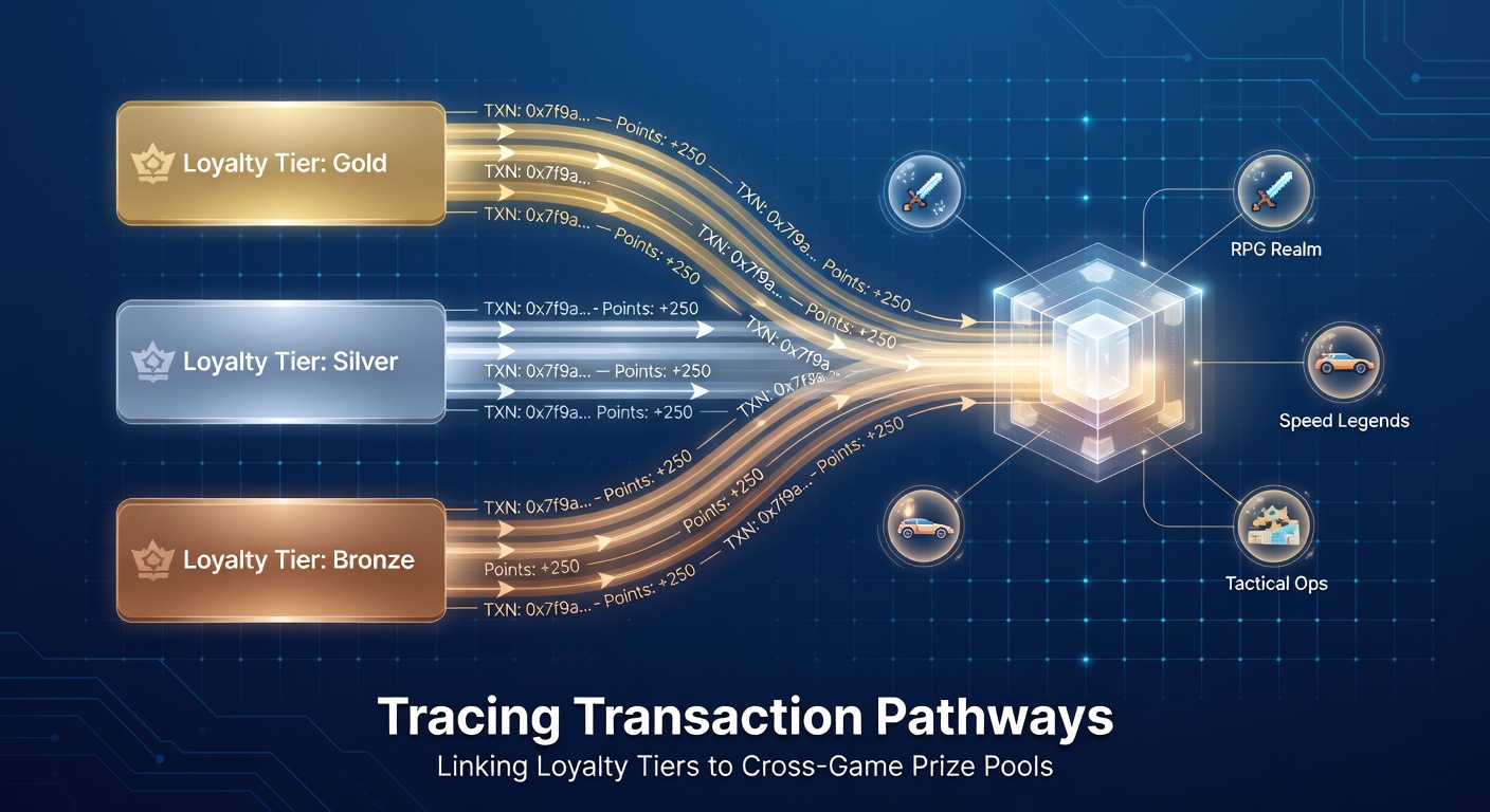 Diagram showing transaction flows between loyalty tiers and cross-game prize pools in casino ecosystems